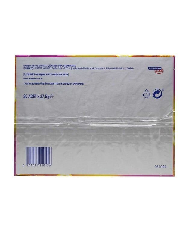 Mentos Şekerleme 37,5 gr X 20'li Paket Karışık Meyve Aromalı Çiğnenen Draje Paket (1 Adet)