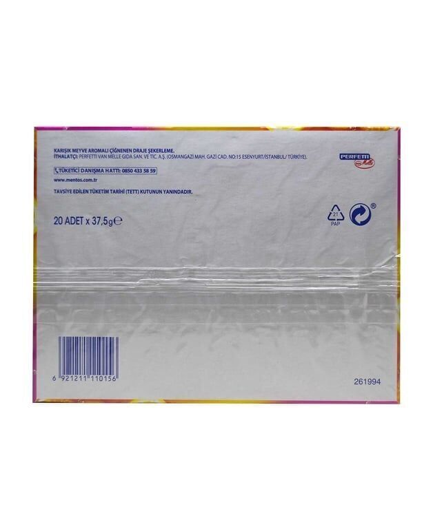 Mentos Şekerleme 37,5 gr X 20'li Paket Karışık Meyve Aromalı Çiğnenen Draje Paket (1 Adet)