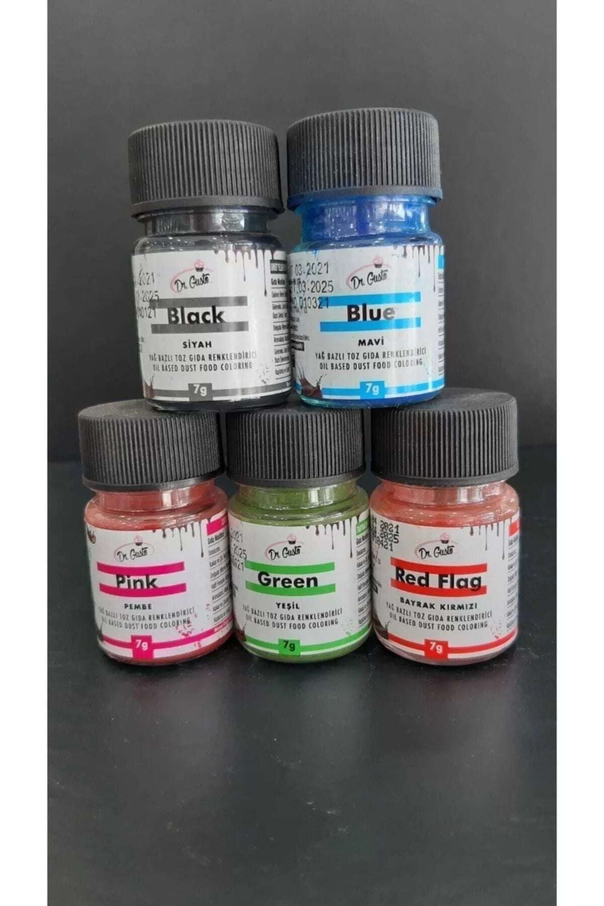Dr Gusto Yağ Bazlı Toz Gıda Boya 5 Li Set Siyah / Mavi / Kırmızı / Pembe / Yeşil 7gr